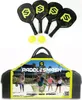 A collage showing a set of pickleball paddles and balls above a case with people playing on a beach. Produktbild-Vorschau