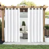 Outdoor curtains hanging on a wooden pergola, with a seating area visible behind them. Produktbild-Vorschau