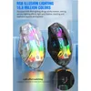 Two RGB gaming mice with colorful lighting effects are displayed on a reflective surface with a blue background. Produktbild-Vorschau