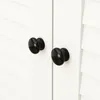 A close-up view of two black knobs on a white cabinet door. Produktbild-Vorschau