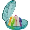 A clear, well-lit studio shot of a set of colorful earplugs in a transparent blue case. Produktbild-Vorschau