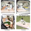 A collage of four images showing an inflatable car mattress being used in different scenarios: inside a car trunk, in the back seat, and on grass in a garden. Produktbild-Vorschau
