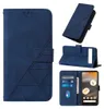 Collage of images showing a blue flip-style phone case from different angles, including one with a phone inserted and cards in the slots. Produktbild-Vorschau