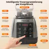 A hand is pressing a button on a blender's control panel, with various functions labeled around it. Produktbild-Vorschau