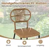 A close-up of a rattan chair in an outdoor garden setting, with text overlays highlighting product features. Produktbild-Vorschau