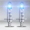 Two automotive headlight bulbs with blue light emitting from them, set against a plain background. Produktbild-Vorschau