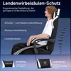 A person sitting in a gaming chair, with text overlays highlighting ergonomic features and smaller images of cushions. Anteprima dell’immagine prodotto