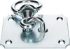 A close-up studio shot of a silver metal ceiling hook with a rotating eyelet, mounted on a square plate with four screw holes. Produktbild-Vorschau