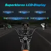 Close-up view of an electric bicycle's handlebars and display, with overlaid text highlighting features. Voir les images du produit