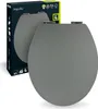 A gray toilet seat is shown in front of its packaging. Produktbild-Vorschau