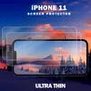 A product image for an iPhone 11 screen protector, featuring a scenic winter landscape on the phone screen and text overlays. Produktbild-Vorschau