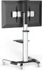 A rear view of a mobile TV stand with a flat-screen TV mounted on it, against a white background. Produktbild-Vorschau
