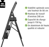 A dark gray, 3-step folding stepladder is shown from a side angle, with its features listed in French text to the right. Produktbild-Vorschau
