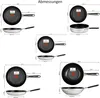 Multiple sizes of Tefal frying pans and woks are displayed with dimensions and volume information. Produktbild-Vorschau