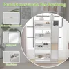 A white shoe cabinet with a mirror is shown in a room with a window and curtains. The image also includes close-up shots of product features. Produktbild-Vorschau