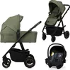 A collage of a green baby stroller system with a bassinet, a stroller seat, and a car seat, all on a white background. Produktbild-Vorschau