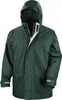 A studio shot of a dark green winter parka with the hood up.