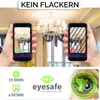 Two hands holding smartphones displaying a chandelier. The left phone shows a green checkmark, and the right phone shows a red cross. Below is a graphic with icons and text related to product features and safety. Produktbild-Vorschau