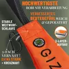 Close-up of an orange dog toy (futterdummy) with text overlays highlighting its features. Produktbild-Vorschau