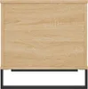 A close-up view of a wooden couch table with a black metal frame. Produktbild-Vorschau
