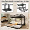 A collage showing the transformation of a bunk bed from a compact to an extended state, and a lifestyle shot of the assembled bunk bed with an extended trundle bed. Produktbild-Vorschau