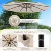 A collage of images showcasing a beige patio umbrella and its features, set against an outdoor background. Produktbild-Vorschau