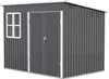 A dark gray garden shed with a white trim and a small window, presented on a white background. Náhľad obrázku produktu