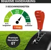 A marketing image showing a lawnmower's control lever and a diagram illustrating speed settings. Produktbild-Vorschau