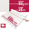 A roll of white non-woven fabric is unrolled on a grid surface, with scissors cutting it. Text overlays indicate product specifications. Produktbild-Vorschau