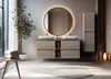 A modern bathroom with a double vanity, a large round mirror with LED lighting, and a tall cabinet. Anteprima dell’immagine prodotto
