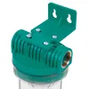A close-up shot of a green water filter housing with a brass fitting, mounted on a bracket. Produktbild-Vorschau