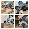Collage of four images showing a cordless circular saw being used to cut wood and its details. Produktbild-Vorschau