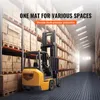 A forklift in a warehouse with shelves of boxes, and a textured floor. Voir les images du produit