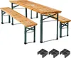 A wooden beer garden table and bench set with folding metal legs, shown on a white background. Three black plastic leg risers are placed in the foreground. Produktbild-Vorschau