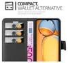 A close-up of a black wallet-style phone case with cards and a banknote inserted, and a smartphone screen visible. Produktbild-Vorschau