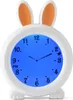 A white alarm clock shaped like a bunny with orange ears, displaying the time on a blue digital screen. Voir les images du produit