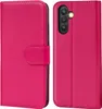 A pink book-style phone case is shown open, displaying the inside of the case and the back of a phone with a camera module and flash. Produktbild-Vorschau