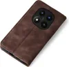 A brown leather flip case for a smartphone is shown against a white background. Produktbild-Vorschau