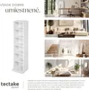 A collage showcasing a white bookshelf in various room settings: an office, a living room, a hallway with stairs, and a bedroom. It includes text describing the product's versatility. Anteprima dell’immagine prodotto