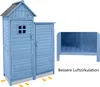 A blue wooden garden shed with a small window and a separate compartment, shown with arrows indicating airflow underneath. A close-up inset shows the slatted floor of the interior. Voir les images du produit