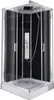 A modern, enclosed shower cabin with black glass panels and a silver frame. Produktbild-Vorschau