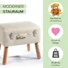 A close-up of a cream-colored storage ottoman with wooden legs, presented with marketing text and icons on a light green background. Náhled obrázku produktu