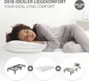 A woman sleeping on a bed, with diagrams showing the components of a bed frame and mattress. Produktbild-Vorschau