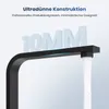 A close-up of a black kitchen faucet with water flowing out, with large 3D text indicating '10MM' above it. Produktbild-Vorschau