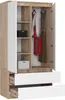 An open wardrobe with clothes and storage boxes inside, set against a white background. Produktbild-Vorschau