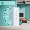 Collage image showing a remote control for a ceiling fan with various functions highlighted, and a ceiling fan in a modern room setting. Produktbild-Vorschau