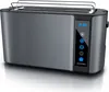 A modern gray toaster with a digital display and touch controls, shown from a slight diagonal angle on a reflective white surface. Voir les images du produit