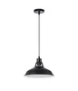 A black pendant light with a white interior hangs from a black cord against a white background. Produktbild-Vorschau