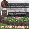 A garden border made of plastic with a wood-like texture, surrounding a flower bed with pink and yellow flowers. Rain is depicted falling. Náhled obrázku produktu