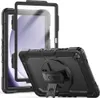 A black tablet case with a built-in stand and hand strap is shown from a diagonal angle. Produktbild-Vorschau